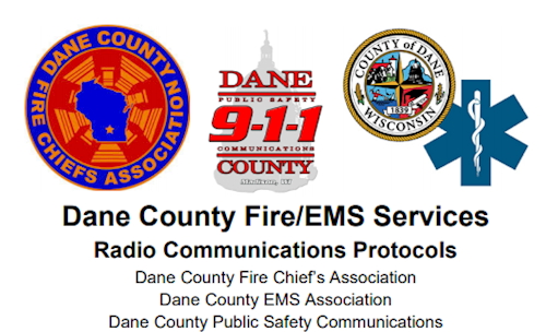 Logos of Dane County Fire Chiefs Association, Dane County 9-1-1, County of Dane Wisconsin, and EMS star beside the title 'Dane County Fire/EMS Services Radio Communications Protocols'